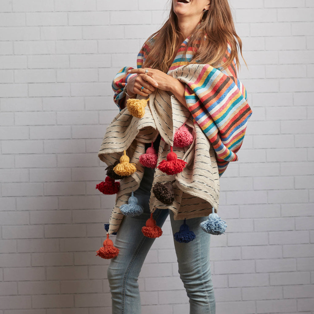 Rainbow Stripe Cotton Blanket with Tassels