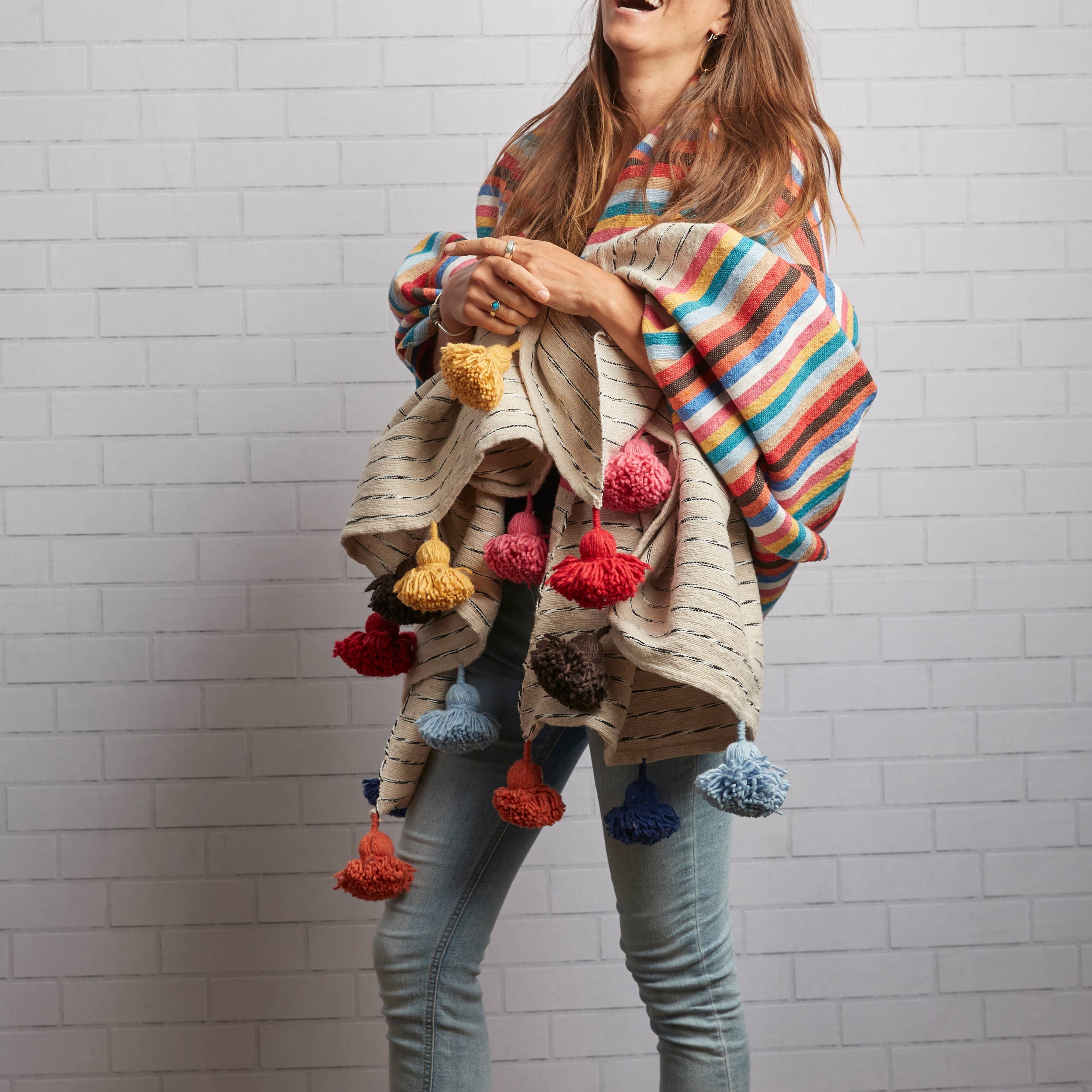 Rainbow Stripe Cotton Blanket with Tassels