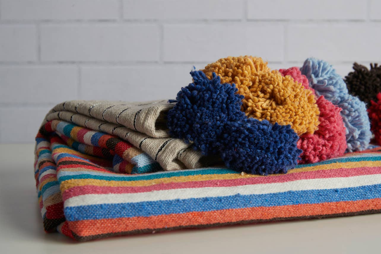 Rainbow Stripe Cotton Blanket with Tassels