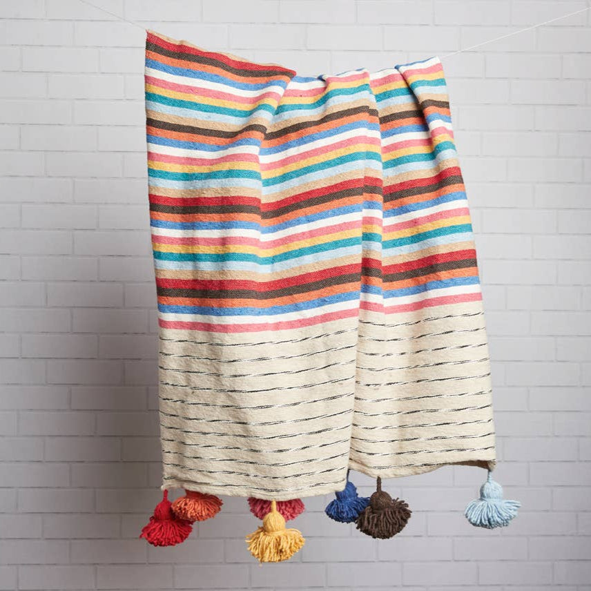 Rainbow Stripe Cotton Blanket with Tassels